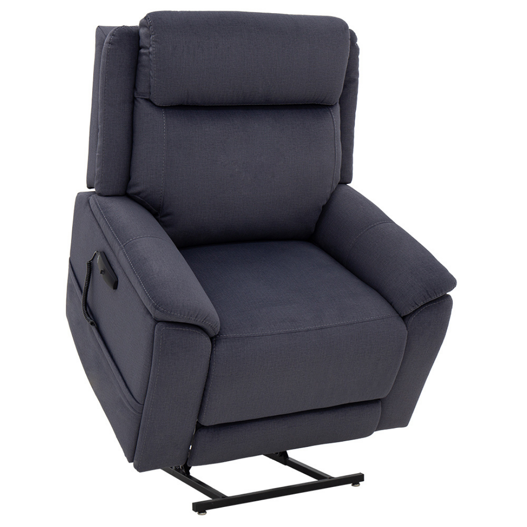 The Pride Mobility Evolution Collection Power Lift Recliner features dark gray plush upholstery, padded armrests and back, black metal legs, and is displayed in a partially lifted position for comfort and support.
